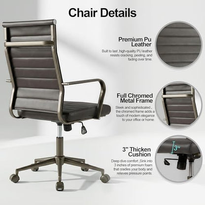 Okeysen Leather Office Desk Chair, Ergonomic Mid Century Modern Conference Room Chairs, Executive Ribbed Height Adjustable Swivel Rolling Chair for Home Office. - color: Metal