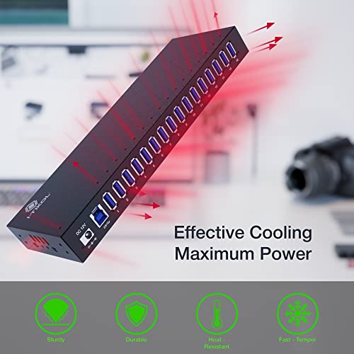 USB 3 0 Hub - 16 Ports Powered USB Hub - Desktop USB Expander Hub - up to 5Gbps High-Speed USB Splitter for Multiple Devices - Aluminum Alloy Multiple USB Hub w/AC Adapter for Laptop Phone Tablet PC
