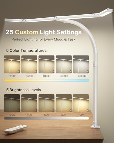 ONEMIX 42" LED Desk Lamp with Clamp, Architect Desk Light with Remote, Adjustable 4-Segment Bar, 1800LM Bright, Eye-Caring Desk Lamp for Home Office, Reading, Study, Dual Monitors, Workbench (White)