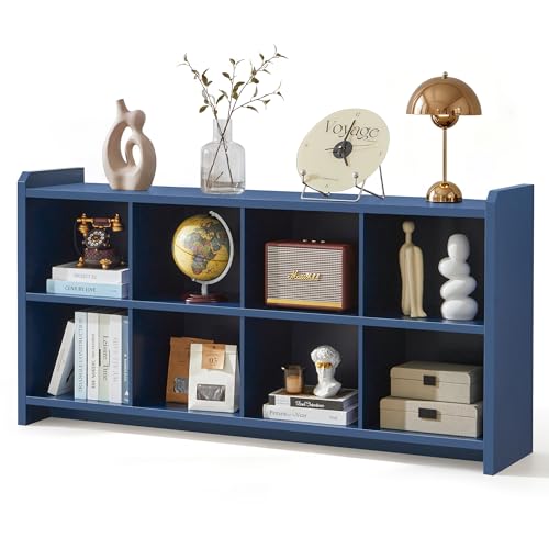 Janmer Home 8 Cube Storage Organizer, 63" Long Horizontal Bookshelf, Modern Minimalist Low Wooden Cubby Storage Cabinet Console Table, TV Stand for Living Room Bedroom Office,Blue - color: Blue, size: 8 Cube