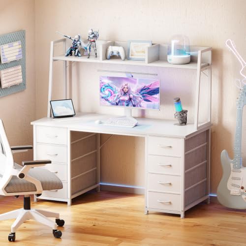 AODK 48 Inch Computer Desk with Hutch and 8 Fabric Drawers, White | Space-Saving Study Writing Table with Ample Storage for Dorm, Bedroom, Home Office - size: 48 Inches