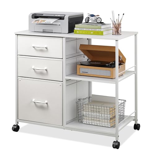 DEVAISE 3 Drawer Mobile File Cabinet with Open Storage Shelf | Rolling Printer Stand, Fabric Lateral Filing Cabinet fits A4 or Letter Size for Home Office, White With Texture - color: White With Texture