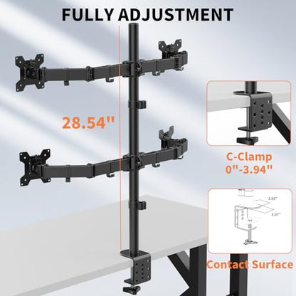 Black Quad Monitor Arm Mount for 13-27 Inch Screens | Ultrawide Screens Up to 34 inch Fully Adjustable Stand with C-Clamp/Grommet Base Max VESA 100x100 Each Screen Capacity 22lbs - size: 4 Arms for 13"-27"