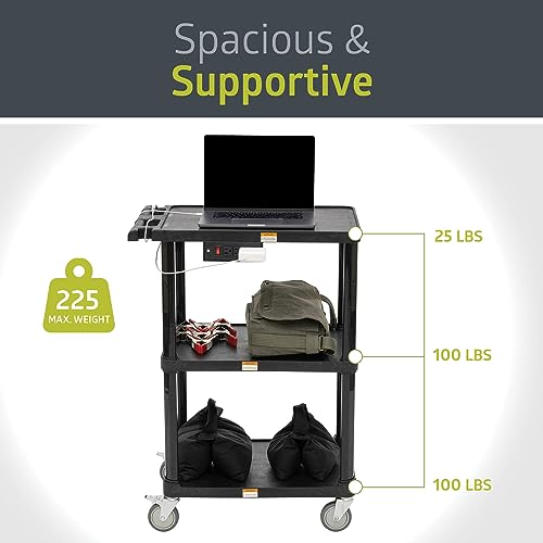 Pearington 3-Shelf Mobile Utility Cart with 3 Outlets and 8' Cord, Heavy-Duty Service Cart for Offices and Warehouses with 3 Shelves, Black, 2 Pack - size: 2 Pack