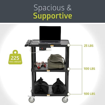 Pearington 3-Shelf Mobile Utility Cart with 3 Outlets and 8' Cord, Heavy-Duty Service Cart for Offices and Warehouses with 3 Shelves, Black, 2 Pack - size: 2 Pack