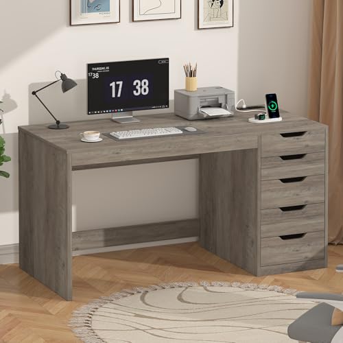 47 Inch Computer Desk with 5 Drawers and Power Outlets for Small Spaces - color: Grey, size: 47inch-5drawers