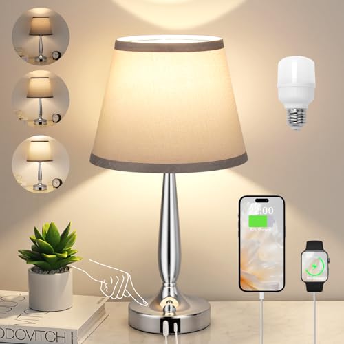 Kakanuo Touch Table Lamp for Bedroom, Small Bedside Lamp with USB C Charging Port, 3 Way Dimmable Touch Control Nightstand Lamp for Living Room and Office, Gray Shade and Silver Base - color: Gray Shade+Silver Base, size: 1 Pack