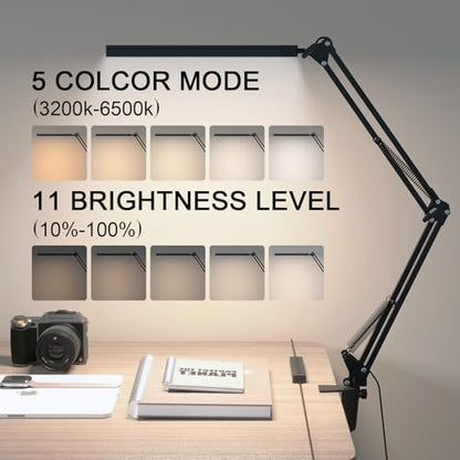 TROPICALTREE LED Desk Lamp for Home Office and Round Base, Clamp-On with 5 Light Modes & Auto Shut Off | 14W Adjustable Brightness 5000K Eye-Caring Lighting for Study/Bedroom/Computer Desk - color: Black