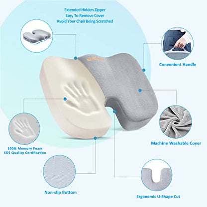 SAIREIDER Lumbar Support Pillow and Office Chair Cushion, Memory Foam Car Seat Cushions Back Support Pillows, Reduce Pressure On Tailbone and Sciatic Nerve, Relieve Pain of Back and Lumbar(Grey) - color: Seat Cushion&lumbar Pillow-grey