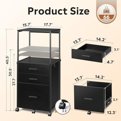DEVAISE 3 Drawer Vertical File Cabinet | Rolling Wooden Filing Cabinet Mobile Printer Stand for Home Office, 15.7" D x 17.7" W x 40.3" H - color: Black, size: 15.7"D X 17.7"W X 40.3"H (Adjustable)