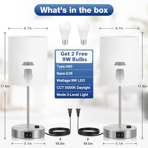 17.6" Silver Touch Lamps for Bedroom Set of 2, Dimmable, USB C+A, AC Outlet | Large 17.6" Tall Lamp, 3-Way Dimming, 5000K Daylight Bulbs, White Lampshade Silver Base, for Living Room, Boys, Men, Girls - color: White - Silver
