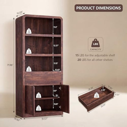 72" Tall Modern Bookshelf with Doors, 5-Tier Large Bookcase w/Drawer, Wooden Storage Cabinet w/Adjustable Shelves, Versatile Book Shelf w/Curved Profile Design for Living Room, Office, Brown - color: Brown