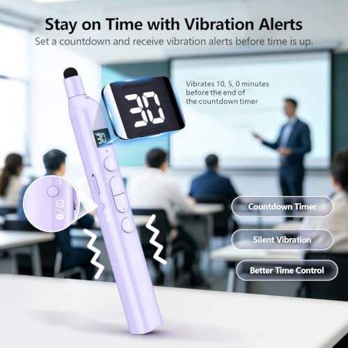 N21 Bluetooth Presentation Clicker for PowerPoint with Retractable Pointer | ①Laser Pointer②Telescopic touch pen③Countdown timer, vibration alert ④Customizable Button ⑤Rechargeable;battery level display - color: Purple - Green Pointer