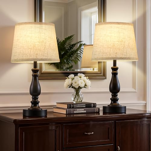 EJIAXIN Table Lamp Set of 2-19" Small Bedside Lamps Modern Lamp for Bedroom Living Room Lamps for Night Stands - Desk Lamps for Home Office End Tables Nightstand Lamps with Beige Linen Shades - color: 19'' Black+Beige Shade