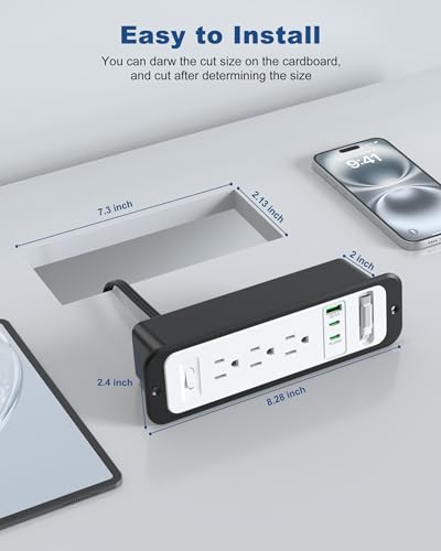 Recessed Power Strip with Retractable USB C Cable,2 PD 20W USB C,Flush Mount Countertop Drawer Outlet, Furniture Hidden Outlet for Side Table,End Table,3 Outlets (White and Black, 10FT-20W USB) - color: White and black, size: 10FT-20W USB