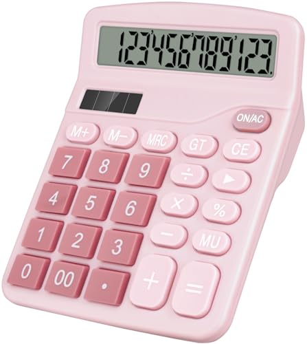 Desktop Calculator, Pink Calculator Big Buttons, 12-Digits Large LCD Display, Solar and AA Battery Dual Power, Desk Calculators for Office Home School Business Class (Pink) | Large LCD Display, Solar and AA Battery Dual Power, Desk Calculators for Office