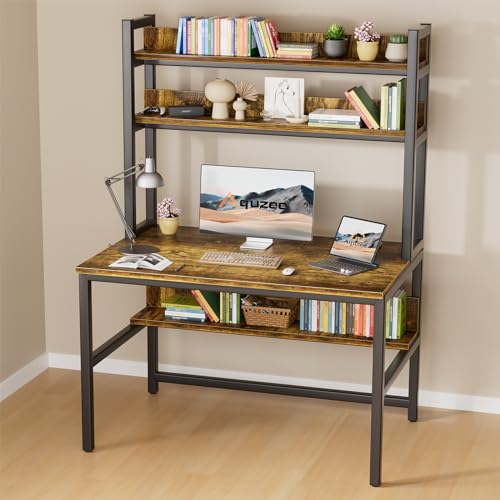 Aquzee Computer Desk with Hutch, 55 Inch Desk with Shelves | Tall Home Office Desk with Bookshelf, Study Table with Upper Storage Shelf for Study Writing/Workstation, Brown - color: Brown, size: 55inch