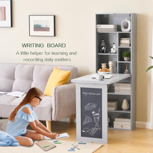 Wall Mount Foldable Writing Desk for Bedroom & Home Office (Grey) | Wall Desk, Wall Mount Foldable Desk with Bookshelf & Chalkboard, Space Saving Fold Down Floating Workstation - color: Grey