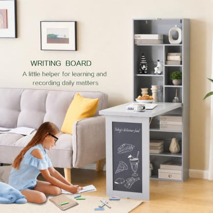 Wall Mount Foldable Writing Desk for Bedroom & Home Office (Grey) | Wall Desk, Wall Mount Foldable Desk with Bookshelf & Chalkboard, Space Saving Fold Down Floating Workstation - color: Grey