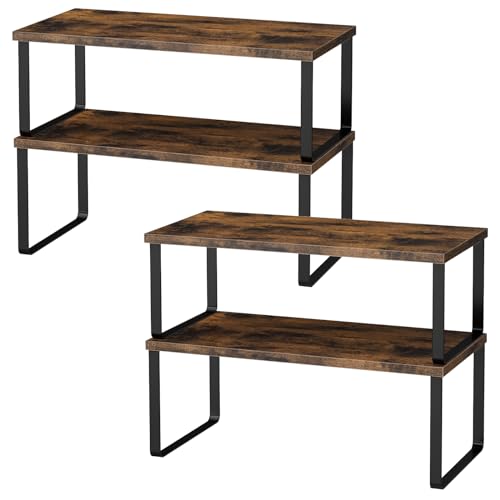 OGEMXU Cabinet Shelf Organizers, 15.7 inches Large Kitchen Counter Shelf, Set of 4 Wood Kitchen Pantry Organizer, Storage Shelves for Countertop, Spice Rack, Stackable, Expandable, Metal Black, Brown - color: Black and Brown, size: 4pcs 7.8" D x 15.7" W x
