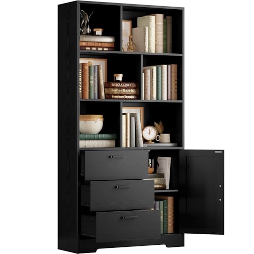 IRONCK 70.9-Inch Bookcase with Doors and 3 Drawers, Black | 6 Open Cubes for Display and Storage, Ample Storage for Books and Decor, Suitable for Living Room, Home Office - color: Black