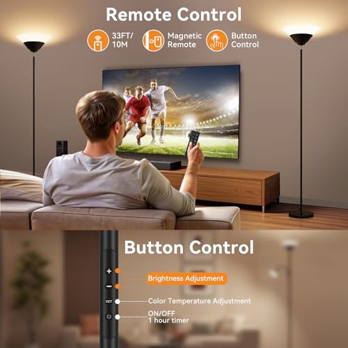 SIBRILLE Torchiere Floor Lamp, 72 Inch 30W LED Standing Lamp, 1800LM, Stepless Dimmable, 3000K-6500K, Remote and Button Control, Modern Pole Light for Living Room Bedroom Office, Black - color: Black