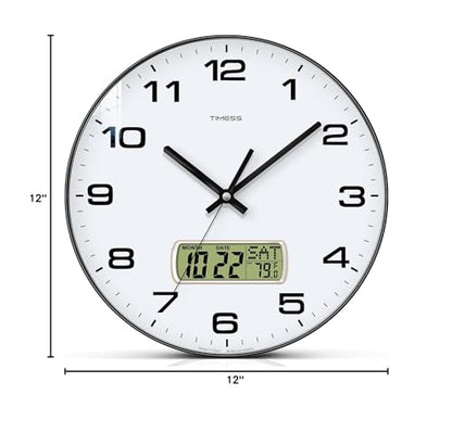 Wall Clock, 12" Dial Non-Ticking Silent Battery Operated Analog with LCD Display for Perpetual Calendar and F° Temperature, Ideal Modern Home, Bedroom, Kitchen, Office Decor (Black) | Perpetual calendar, Fahrenheit temperature, easy-to-read analog dial, b