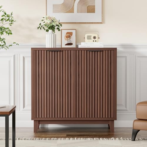 Fluted Cabinet with Storage, Mid Century Modern 2 Doors Sideboard Buffet | Accent Cabinet with Adjustable Shelves, Multifunctional Console Table with Storage for Living Room, Kitchen, Entryway, Walnut - color: Walnut, size: 2 Doors - 15.7"D x 31.5"W x 31.