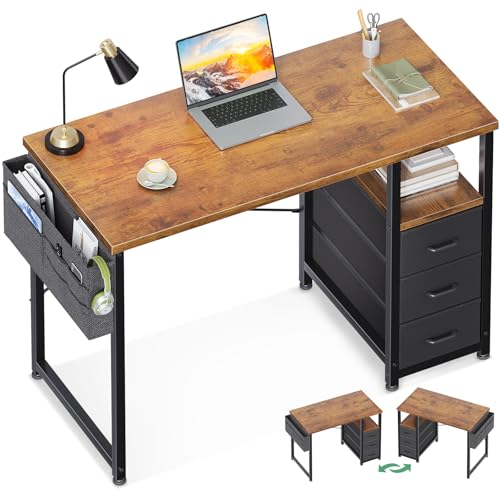 AODK 40 Inch Small Computer Desk with Fabric Drawers, Vintage | Mini Desk with Storage Shelf & Bag, Kids Study Desk for Bedroom, Home Office Desk for Small Space - color: Vintage, size: 40-Inch