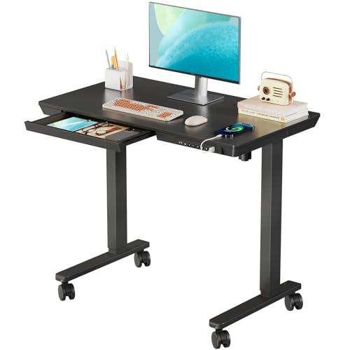 35" Electric Standing Desk with Drawer, 4 Lockable Wheels - color: Black Wood-top, size: 35"
