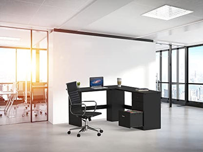 SHW L-Shaped Home Office Wood Corner Desk w/Box Box File Drawers, Black | 51 x 59 Inches | 2 Pre-installed Grommets - color: Black
