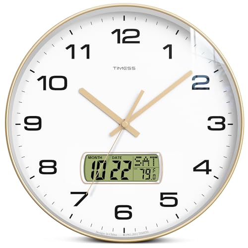 Wall Clock, 10" Dial Non-Ticking Silent Battery Operated Analog with LCD Display for Perpetual Calendar and F° Temperature, Ideal Modern Home, Bedroom, Kitchen, Office Decor (Gold) | Perpetual calendar, Fahrenheit temperature, easy-to-read analog dial, ba