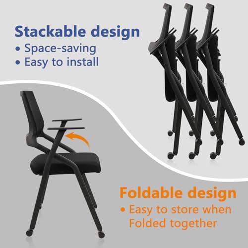 CLATINA Stackable Foldable Conference Room Chairs with Wheels, Portable Padded Office Desk Chair with Lumbar Support and Armrest for Training Room, Guest, Reception, Black (2pk)