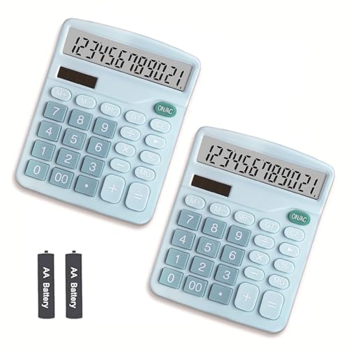 Calculator, 12 Digit Large LCD Display and Sensitive Button, Solar Battery Dual Power Office Calculator, Blue (2 PCS) - style: Blue （2PCS)