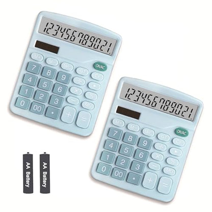 Calculator, 12 Digit Large LCD Display and Sensitive Button, Solar Battery Dual Power Office Calculator, Blue (2 PCS) - style: Blue （2PCS)