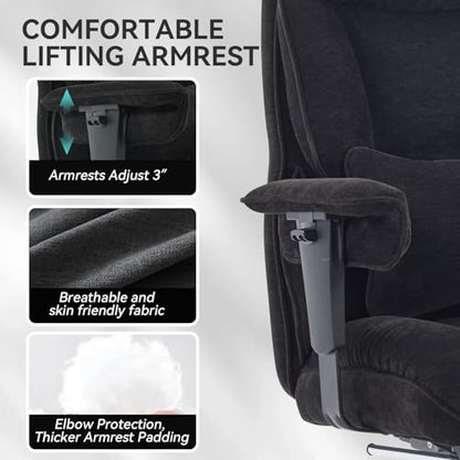 Efomao Executive Office Chair 400lbs, Black Fabric Big and Tall Desk Chair | Breathable fabric, pocket spring & foam seat, retractable footrest, 135° recline for computer gaming setup - color: 3084-black