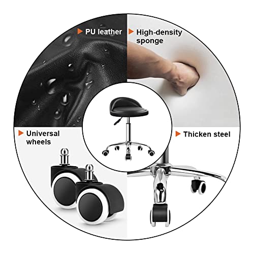 KKTONER PU Leather Round Rolling Stool with Back Rest Height Adjustable Swivel Drafting Work SPA Task Chair with Wheels Black - color: Black