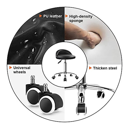 KKTONER PU Leather Round Rolling Stool with Back Rest Height Adjustable Swivel Drafting Work SPA Task Chair with Wheels Black - color: Black