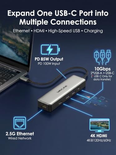 USB C Hub 2.5G Ethernet, WAVLINK 10Gbps USB C Hub with 2.5Gb RJ45 Port | USB-C Hub Multiport Adapter 4K@120Hz HDMI, 3 * 10Gbps USB-A/C, PD 85W for MacBook Neo/Pro/Air, iPad, Acer, Dell, HP etc.