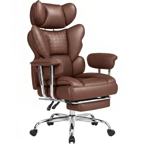 DUMOS Big and Tall Home Office Desk Chair, Executive Chair with Footrest - color: Brown, size: Fix Armrest