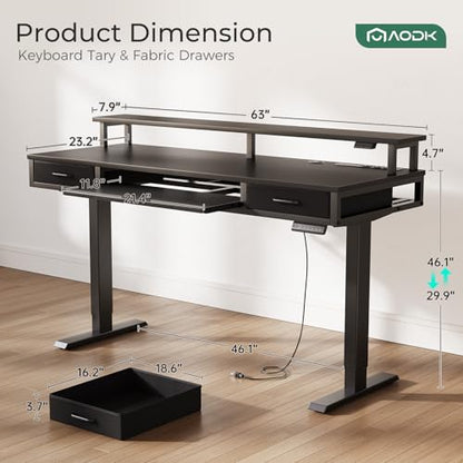 AODK 63 Inch Electric Standing Desk with Drawers & Keyboard Tray, Black - color: Black, size: 63 Inch