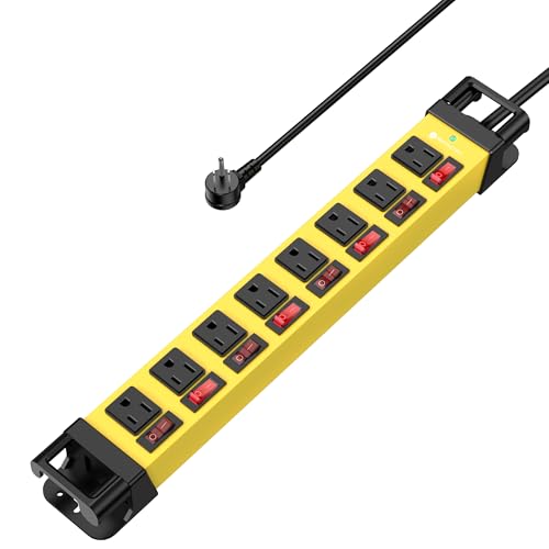 8 Outlet Power Strip with Individual Switches Cord Manager 1200J 15FT | Wall Mount Heavy Duty Power Strip Home Office Garage Industrial Workbench - color: Yellow, size: 15 ft