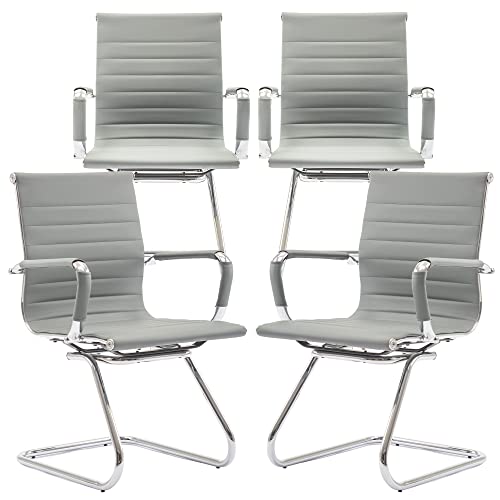 Conference Room Chairs Set of 4, Waiting Room Chairs with Arms, Faux Leather Reception Chairs No Wheels, Office Guest Chairs with Mid Back Support and Chrome Sled Base, Grey - color: Grey, size: 4PCS