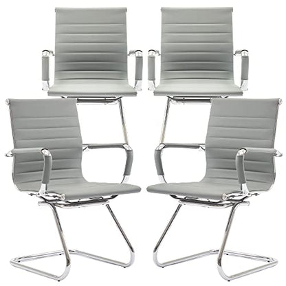 Conference Room Chairs Set of 4, Waiting Room Chairs with Arms, Faux Leather Reception Chairs No Wheels, Office Guest Chairs with Mid Back Support and Chrome Sled Base, Grey - color: Grey, size: 4PCS