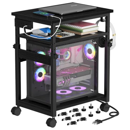 Snughome 3-Tier Extra-Large Computer Tower Stand with Charging Station, 25.2''-35.8'' Height-Adjustable PC Tower Stand, Rolling CPU Cart with Lockable Wheels for Office Home Gaming - size: 23.62" L x 15.75" W x 35.8"
