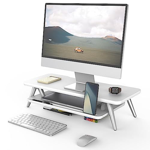 Fenge Monitor Stand Riser, Wooden Desk Shelf with 2-Tier Storage - color: White, size: 23.6 Inch