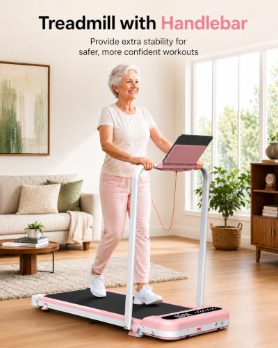 Cardirun Walking Pad with Incline and Stable Handle Bar, Foldable Treadmill | 350+ lbs Capacity, 3.0HP Quiet Under Desk Treadmills for Home, Portable Treadmill with APP, Remote Control and LED Display - color: PINK