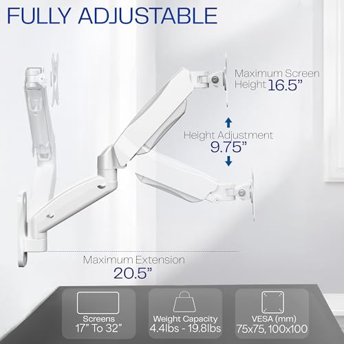 VIVO Single Monitor Counterbalance Wall Mount for 32 inch Screens up to 19.8 lbs, Full Motion, Max VESA 100x100, White, MOUNT-V001GW