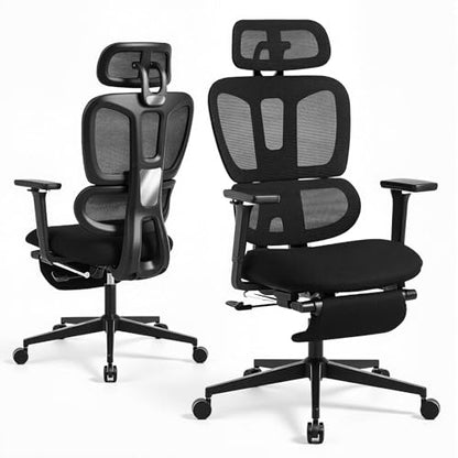 Ergonomic Office Chair with Footrest and Dynamic Lumbar Support, Black | Reclining high-back computer chair, memory foam seat, 4D armrests, 2D headrest, mesh desk chair for home office, long hours - color: Black