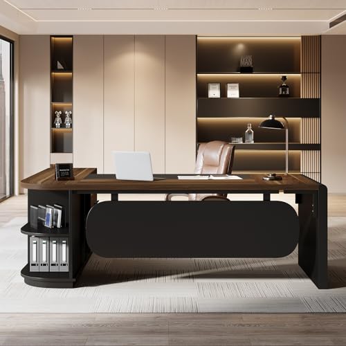 Tribesigns 81-Inch L-Shaped Office Desk, Large Commercial Office Desk with Drawers and File Cabinet, Modern Professional Business Furniture Workstations with Storage Shelves, Brown & Black - color: Brown & Black